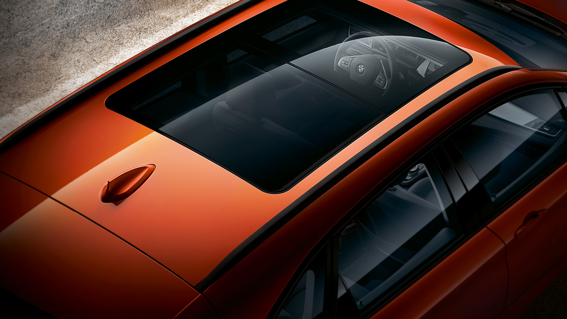Panorama glass roof BMW 2 Series Active Tourer Panorama glass roof BMW 2 Series Active Tourer F45 Facelift 2018 Sunset Orange metallic bird’s-eye view