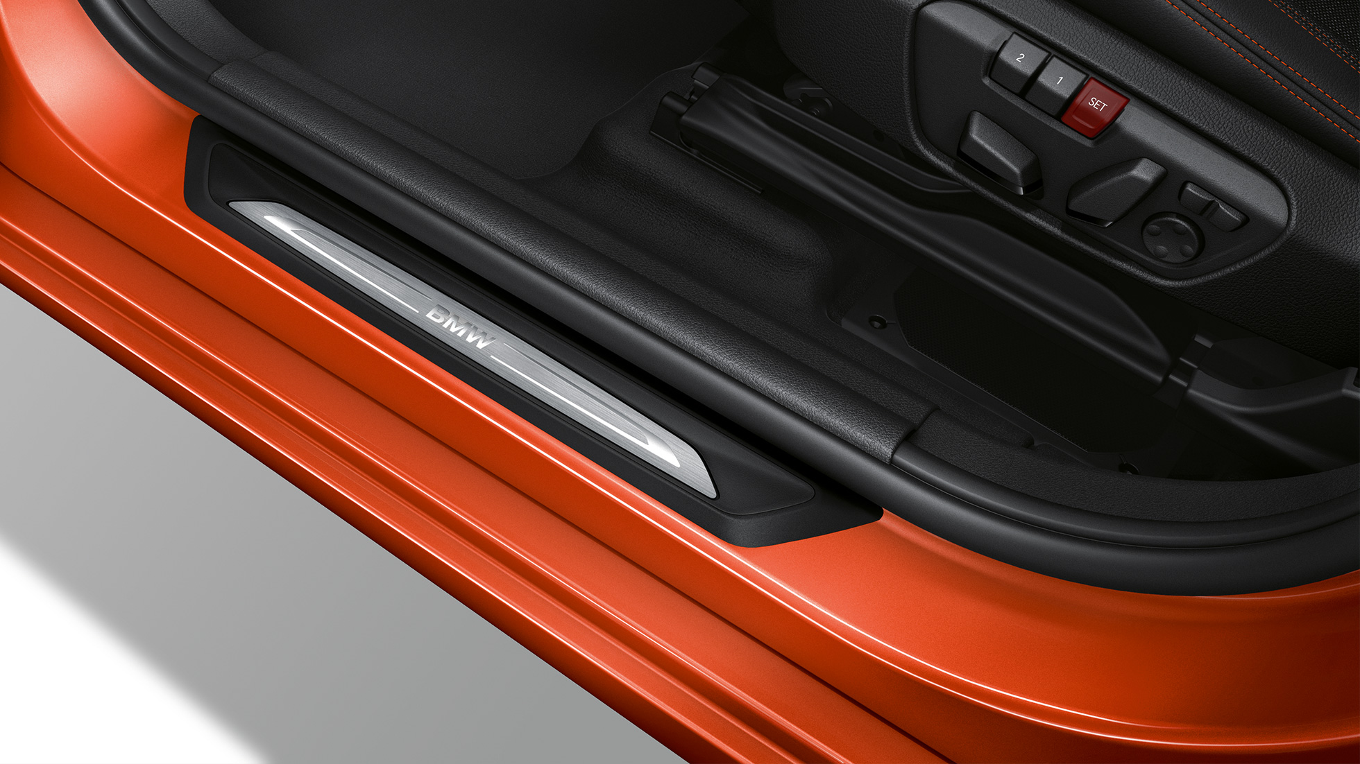 Door sill finishers BMW 2 Series Active Tourer Model Sport Line Door sill finishers BMW 2 Series Active Tourer Model Sport Line 220i F45 2018 Sunset Orange metallic
