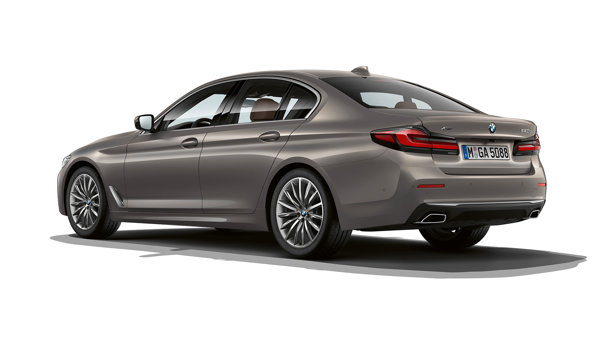 BMW 5 Series Sedan G30 Luxury Line rear BMW 5 Series Sedan 520d xDrive G30 2020 Luxury Line in Bernina Grey three-quarter rear view