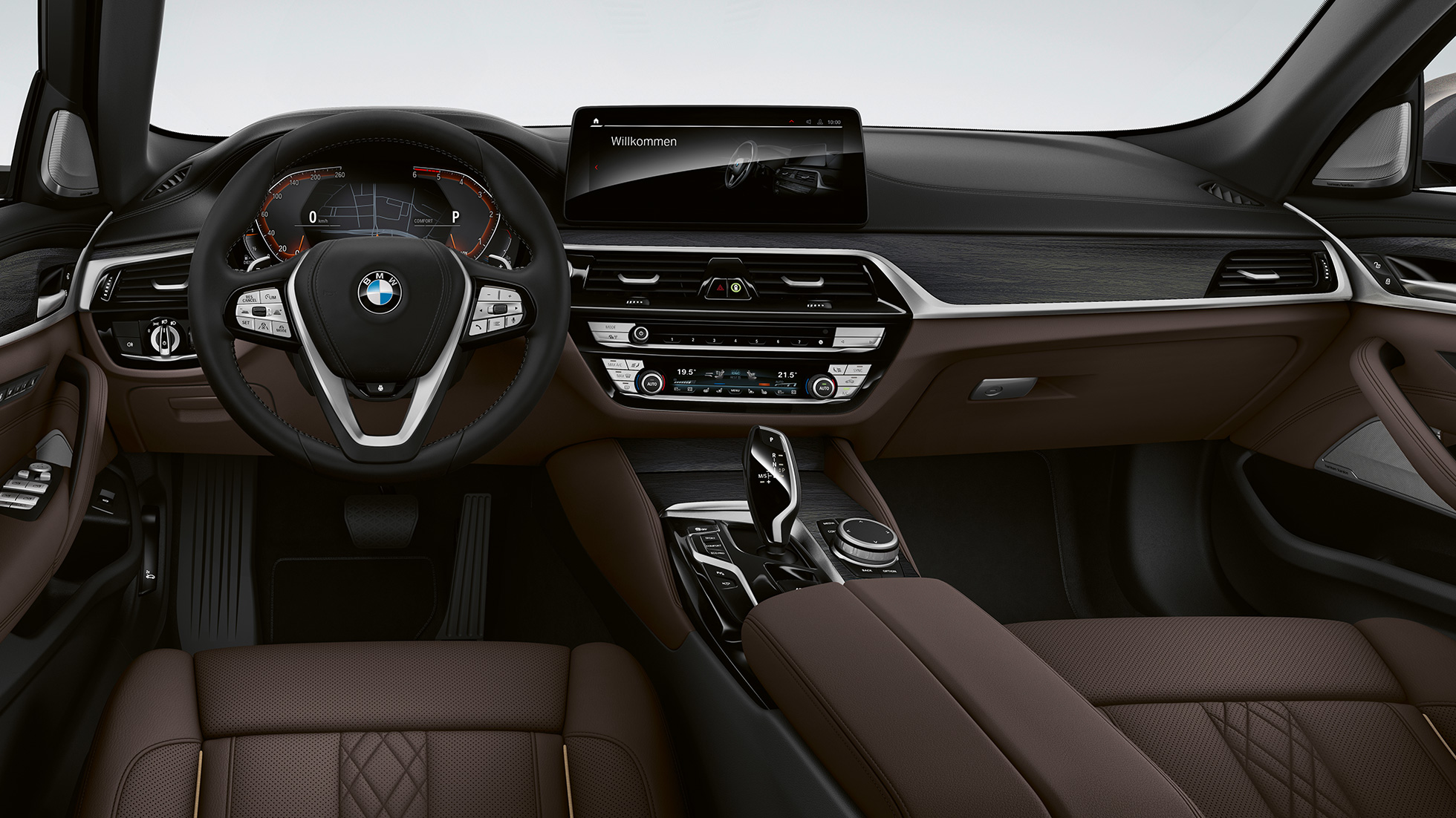 Cockpit BMW 5 Series Sedan G30 Luxury Line Cockpit BMW 5 Series Sedan 520d xDrive G30 2020 Luxury Line Exclusive leather 'Nappa' Mokka exclusive stitching with piping in contrast interior