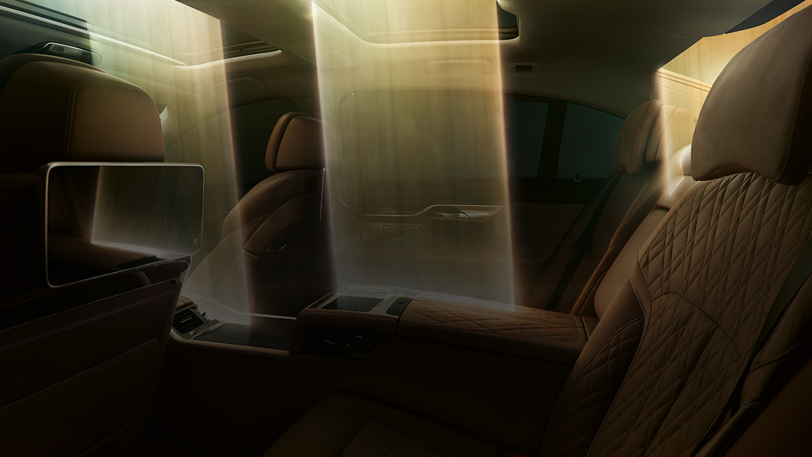 BMW 7 Series Sedan G11 G12 2019 interior BMW 7 Series Sedan G11 G12 2019 Bernina Grey Amber Effect interior, light incidence Panorama glas roof